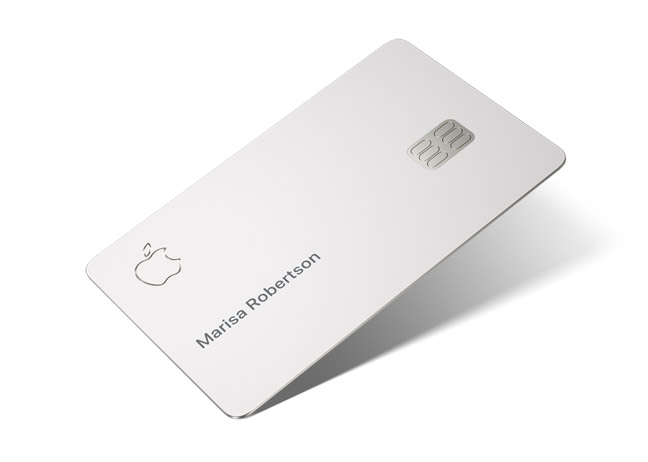 Apple Card, front exterior, silver colored, Apple logo, RFID chip, embossed with Marisa Robertson
