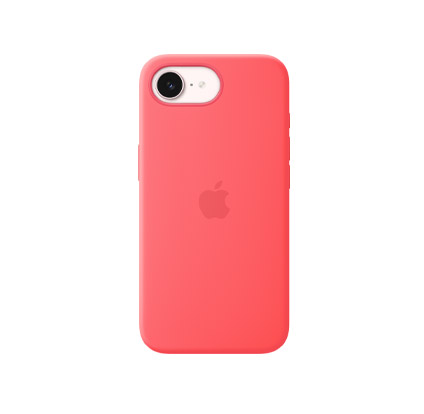 iPhone 17e Silicone Case with MagSafe in bright guava color (bright pink), back exterior, embedded Apple logo in center, attached to iPhone 17e in soft pink color, visible through cutout