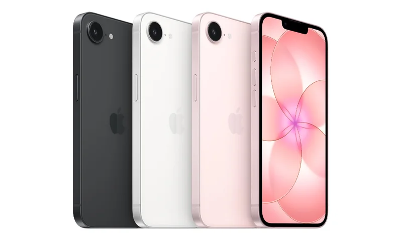 iPhone 17e, available colors: black, white, soft pink, front exterior, all screen display with floral graphic, notch with TrueDepth camera, thin black display border, buttons: Action, volume up, volume down, back exterior, Fusion camera system, Apple logo in center, Side button