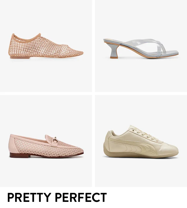 A pink open-weave flat, blue jelly sandal, beige sneaker and pink open-weave loafer.