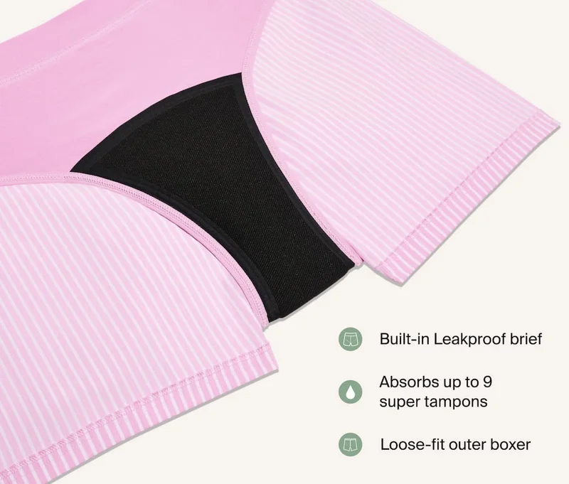 Absorbs up to 9 super tampons. Built-in LEakproof brief. Loose-fit outer boxer.