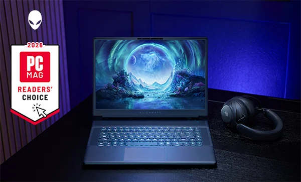 A gaming setup in a dark violet environment featuring the 16 Area 51 Gaming Laptop, AW Pro Headset, and aw2725q.