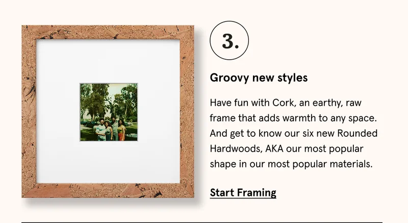 Have fun with Cork, an earthy, raw frame that adds warmth to any space. And get to know our six new Rounded Hardwoods, AKA our most popular shape in our most popular materials. Start Framing.