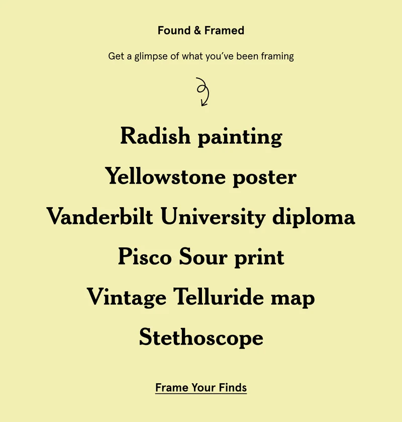 Found & Framed. Radish painting Yellowstone poster Vanderbilt University diploma Pisco sour print Vintage Telluride map Stethoscope