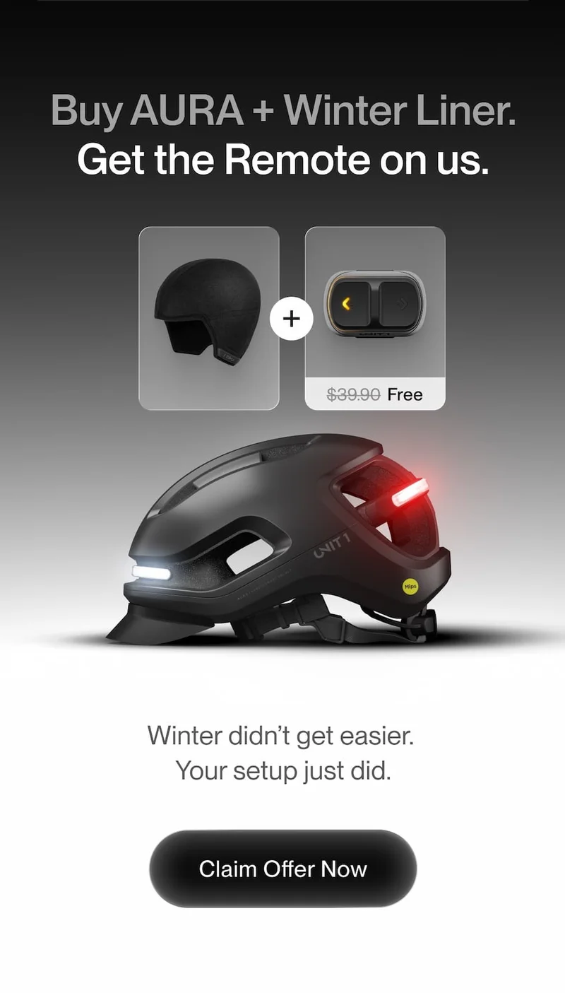 Product showcase of UNIT 1 AURA smart helmet with Winter Liner and Remote, highlighting free remote offer.