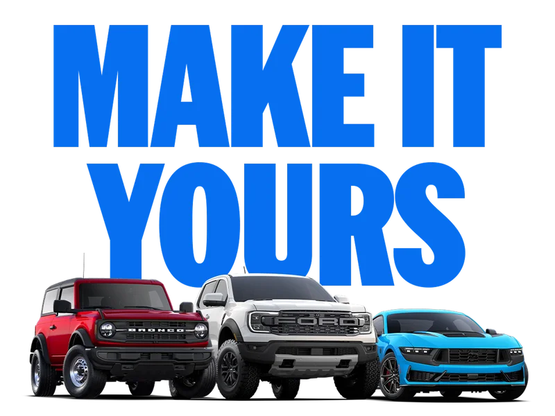 A Bronco® SUV, Ranger® truck, and Mustang® coupe
shown