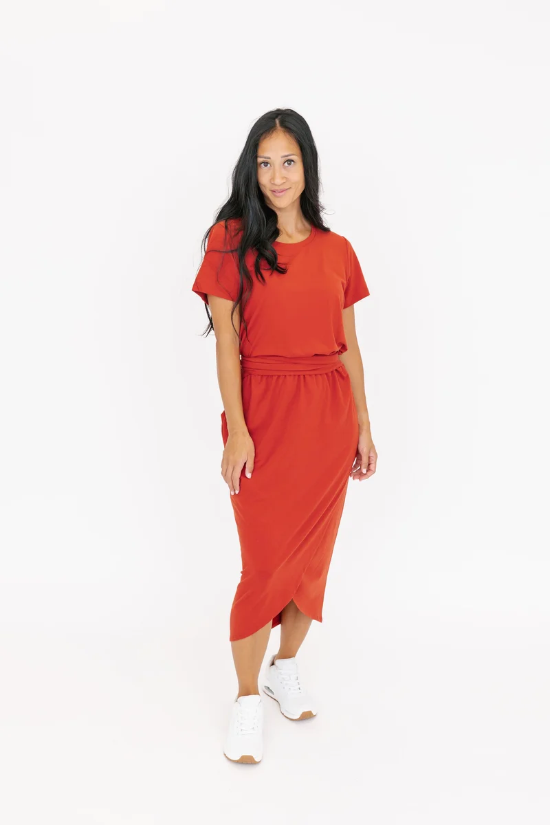 Image of Rebecca Wrap Midi Dress in Bella Brick