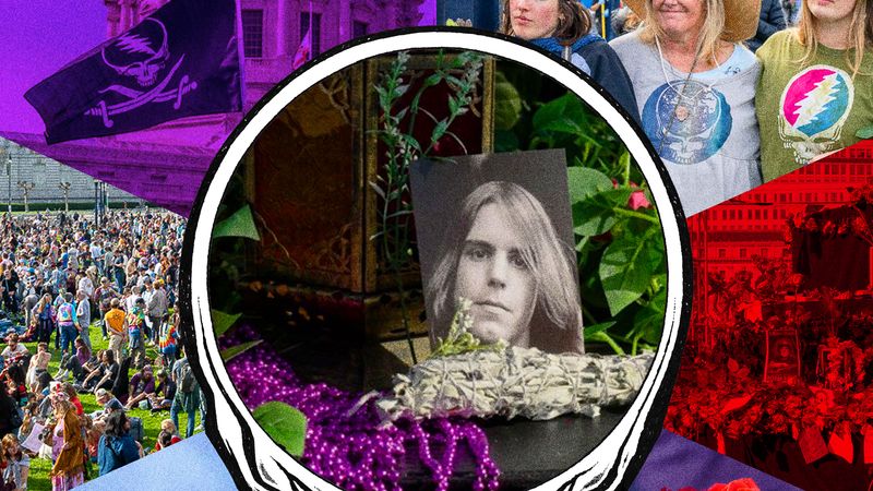 Image may contain: Bob Weir, Purple, Art, Collage, Adult, Person, Photography, Face, Head, Portrait, Animal, Bird, and Flower