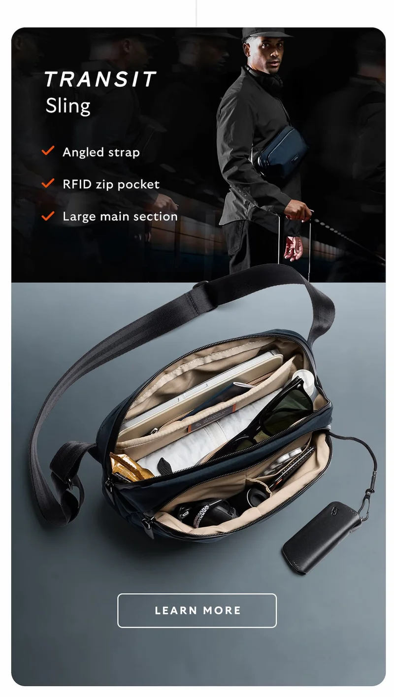 Transit Sling. Angled strap. RFID zip pocket. Large main section.