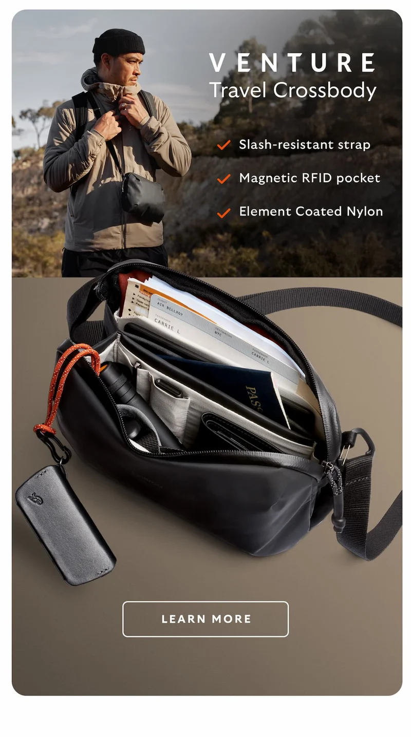 Venture Travel Crossbody. Slash-resistant strap. Magnetic RFID pocket. Element Coated Nylon.