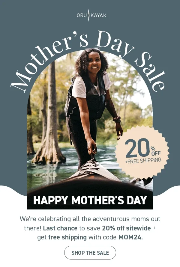 Happy Mother's Day! Last chance to save 20% OFF everything. Spoil Mom, not your budget. Through the weekend, get free shipping with code discount code