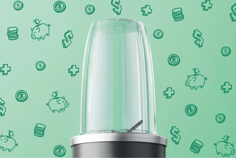 Top of nutribullet blender cup with background of illustrated dollar signs, plus signs, coins, stacks of coins and piggy banks.