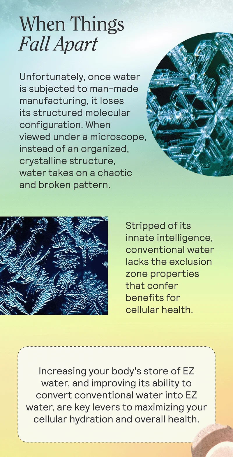 Water fuels life. EMBRACE STRUCTURE  Unfortunately, once water is subjected to man-made manufacturing, it loses its structured molecular configuration. When viewed under a microscope, instead of an organized, crystalline structure, water takes on a chaotic and broken pattern. Stripped of its innate intelligence, conventional water lacks the exclusion zone properties that confer benefits for cellular health.    Increasing your body's store of EZ water, and improving its ability to convert conventional water into EZ water, are key levers to maximizing your cellular hydration and overall health.