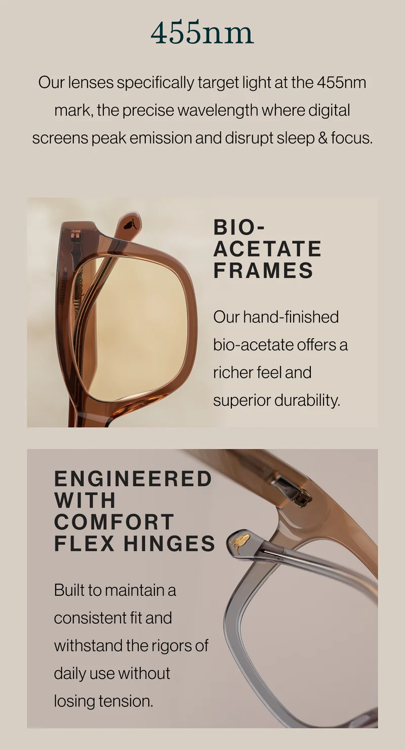 Our lenses specifically target light at the 455nm mark, the precise wavelength where digital screens peak emission and disrupt sleep & focus.