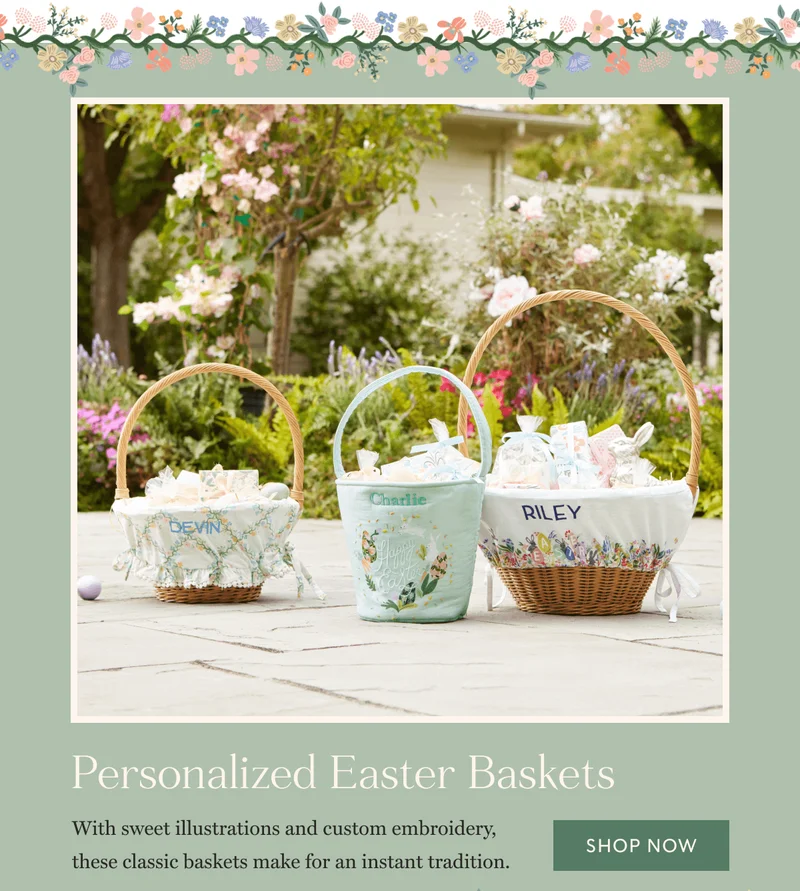 Personalized Easter Baskets - With sweet illustrations and custom embroidery, these classic baskets make for an instant tradition. | SHOP NOW