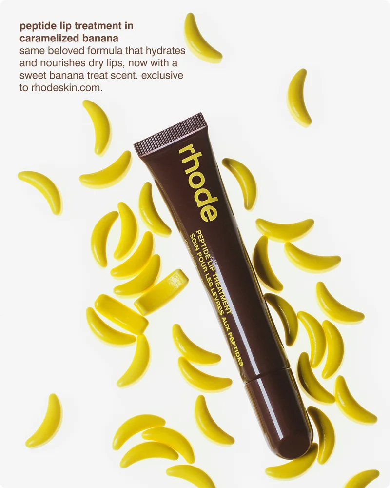 peptide lip treatment in caramelized banana - same beloved formula that hydrates and nourishes dry lips, now with a sweet banana treat scent. exclusive to rhodeskin.com.
