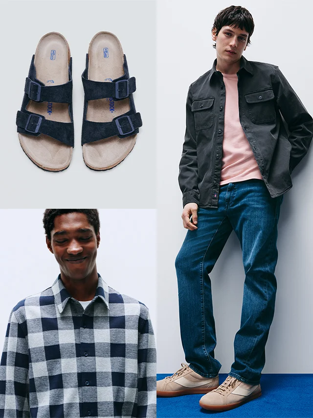 Men wearing Anniversary Sale styles, plus a pair of men's sandals on sale.