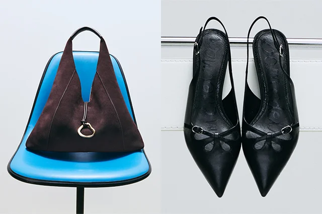 A handbag  and pair of pumps on sale.
