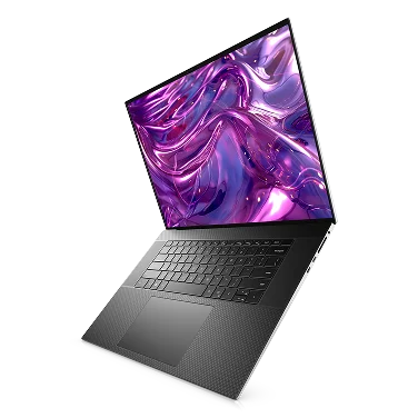 A Dell laptop computer suspended in midair.