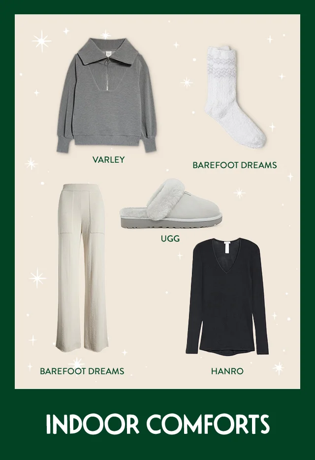 A grey half-zip, white lounge pants, a grey slipper, black top and white socks.