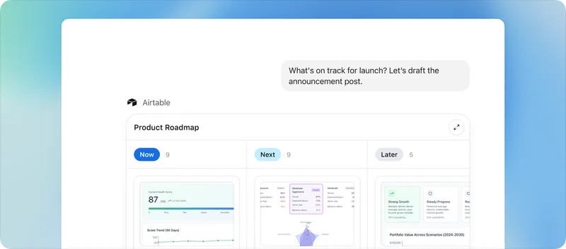 Airtable AI suggesting a launch announcement draft beside a product roadmap dashboard organized into “Now,” “Next,” and “Later” project stages.