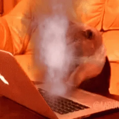 A cat working frantically on a steaming laptop