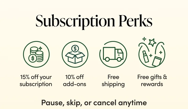 Subscription Perks 15% off your subscription  10% off everything else  Free shipping  Unlock exclusive free gifts & rewards Pause, skip, or cancel anytime