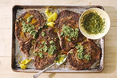 Steve Raichlen's Griddled Ribeyes with Pepperoncini Chimichurri