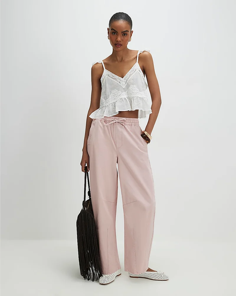 Womens Pink Denim Elasticated Tapered Trousers