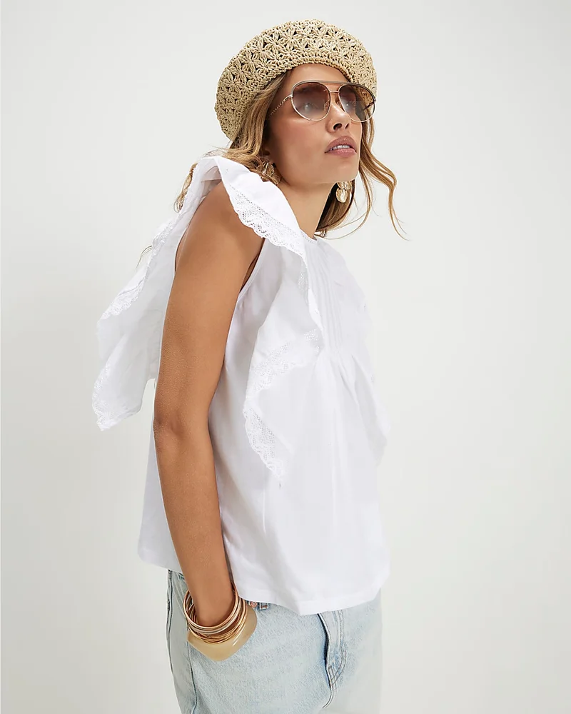 Womens White Cotton Frill Smock Jersey Blouse