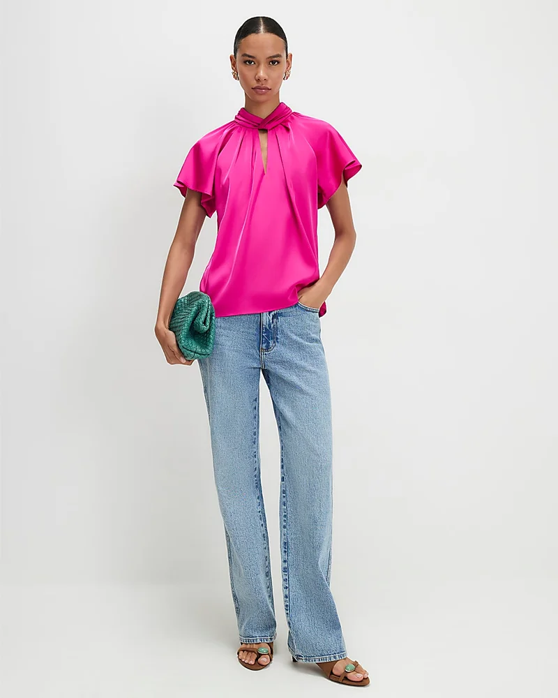 Womens Pink Angel Sleeve Twist Front Top