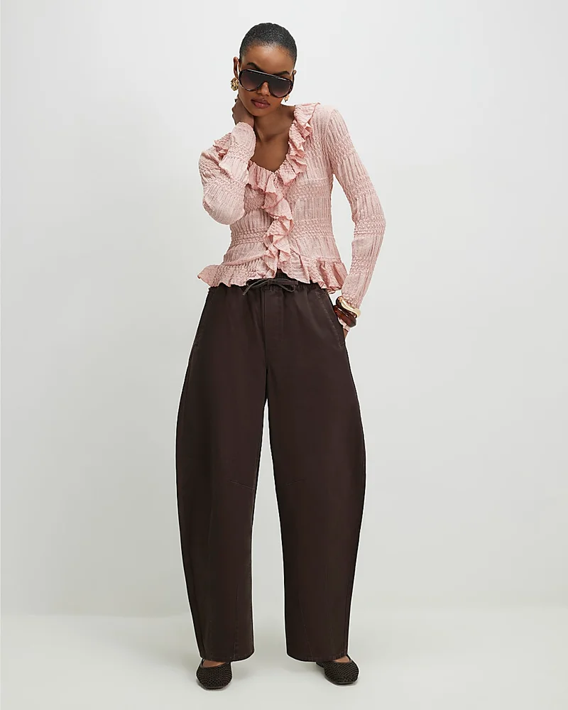 Womens Brown Elasticated Tapered Denim Trousers