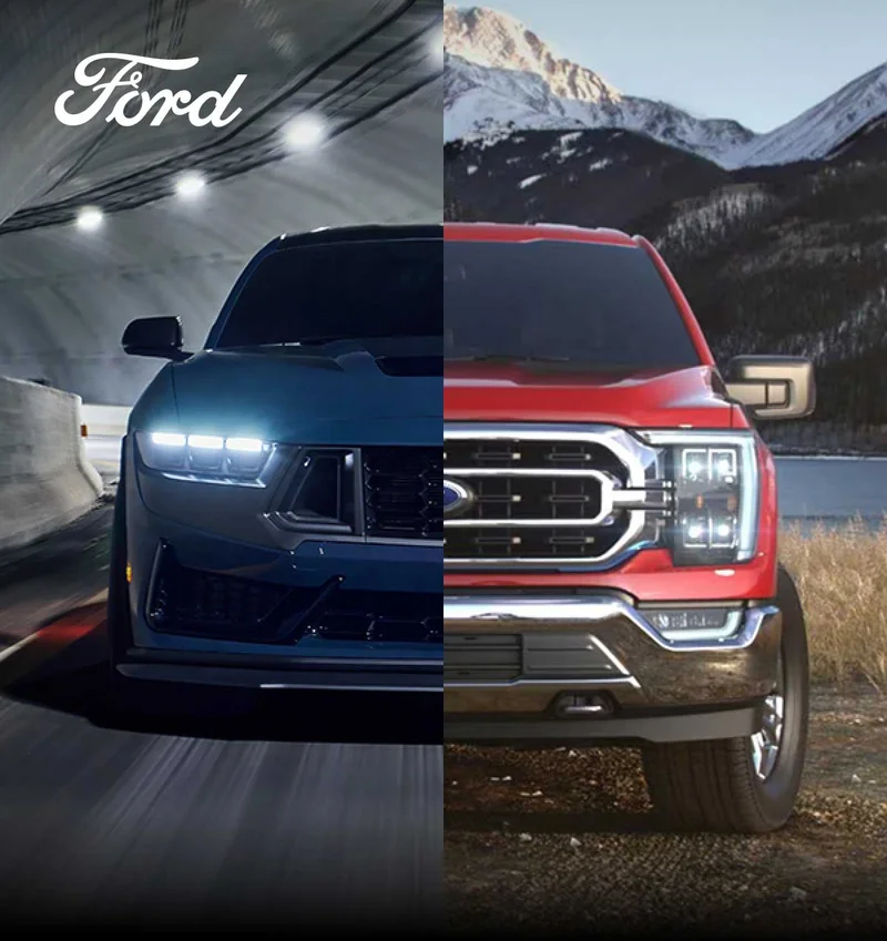 A collage of a Ford Mustang and F-150.