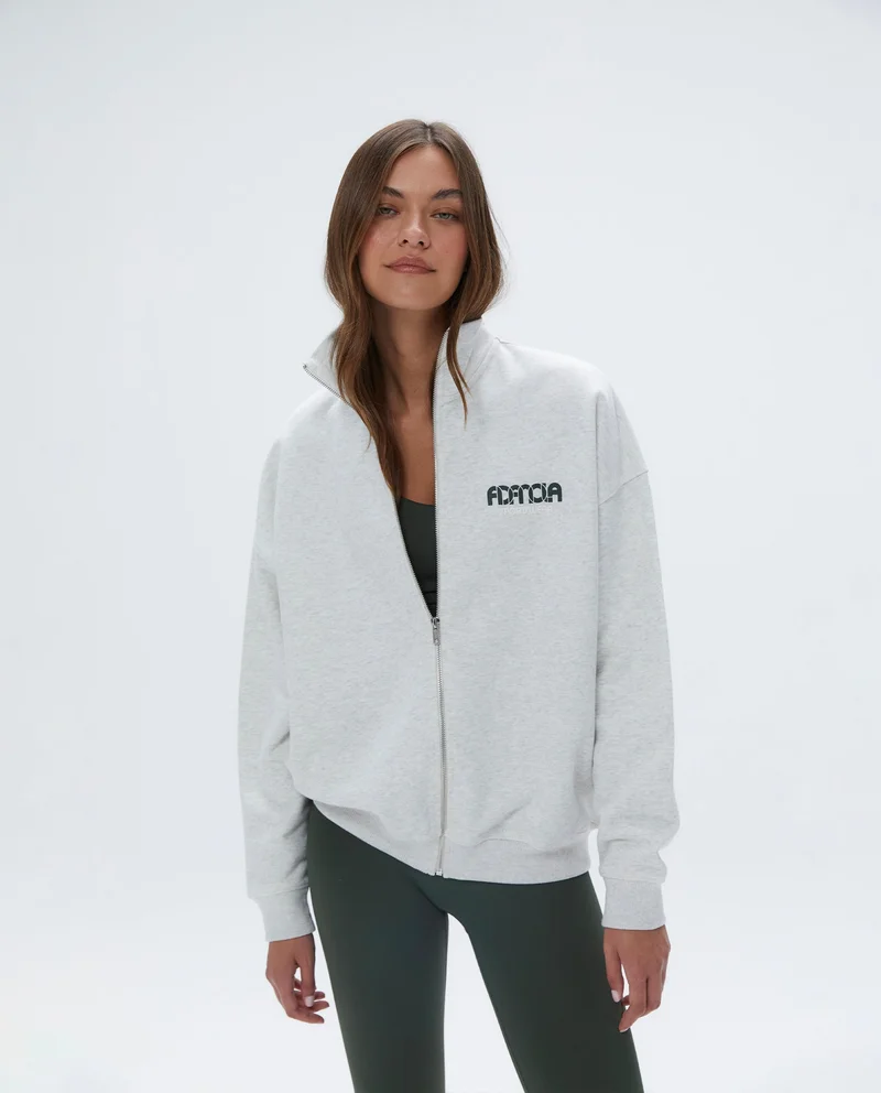 Image of Sportswear Oversized Full Zip Funnel Sweatshirt - Light Grey Melange / Dark Olive