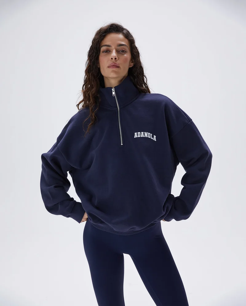 Image of Varsity Oversized Funnel Neck Zip Sweatshirt - Navy Blue