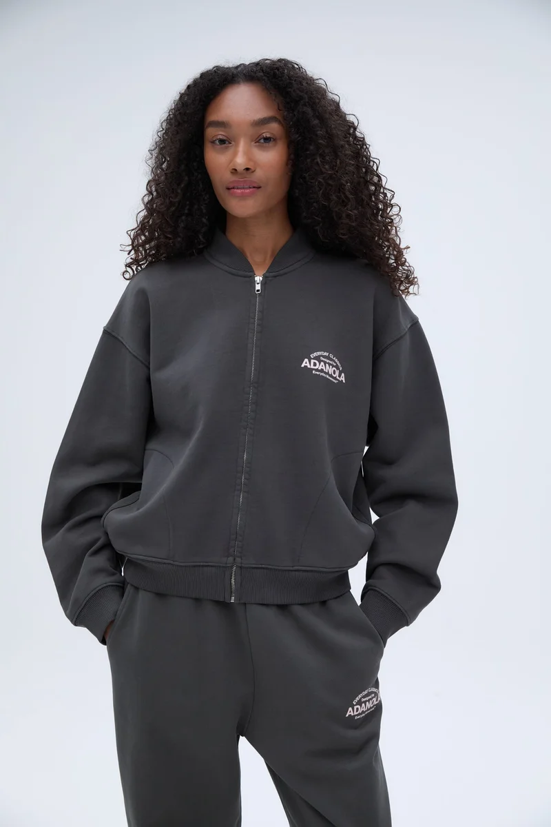 Image of Classics Distressed Full Zip Sweatshirt - Charcoal Grey/Blush Pink