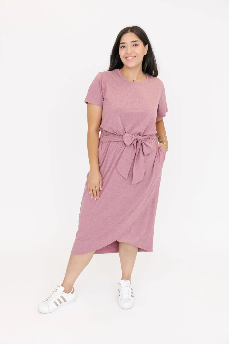 Image of Rebecca Wrap Midi Dress in Heather Rose Brown