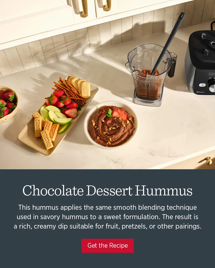 Chocolate Dessert Hummus - this hummus applies the same smooth blending technique used in savory hummus to a sweet formulation. The result is a rich, creamy dip suitable for fruit, pretzels, or other pairings.