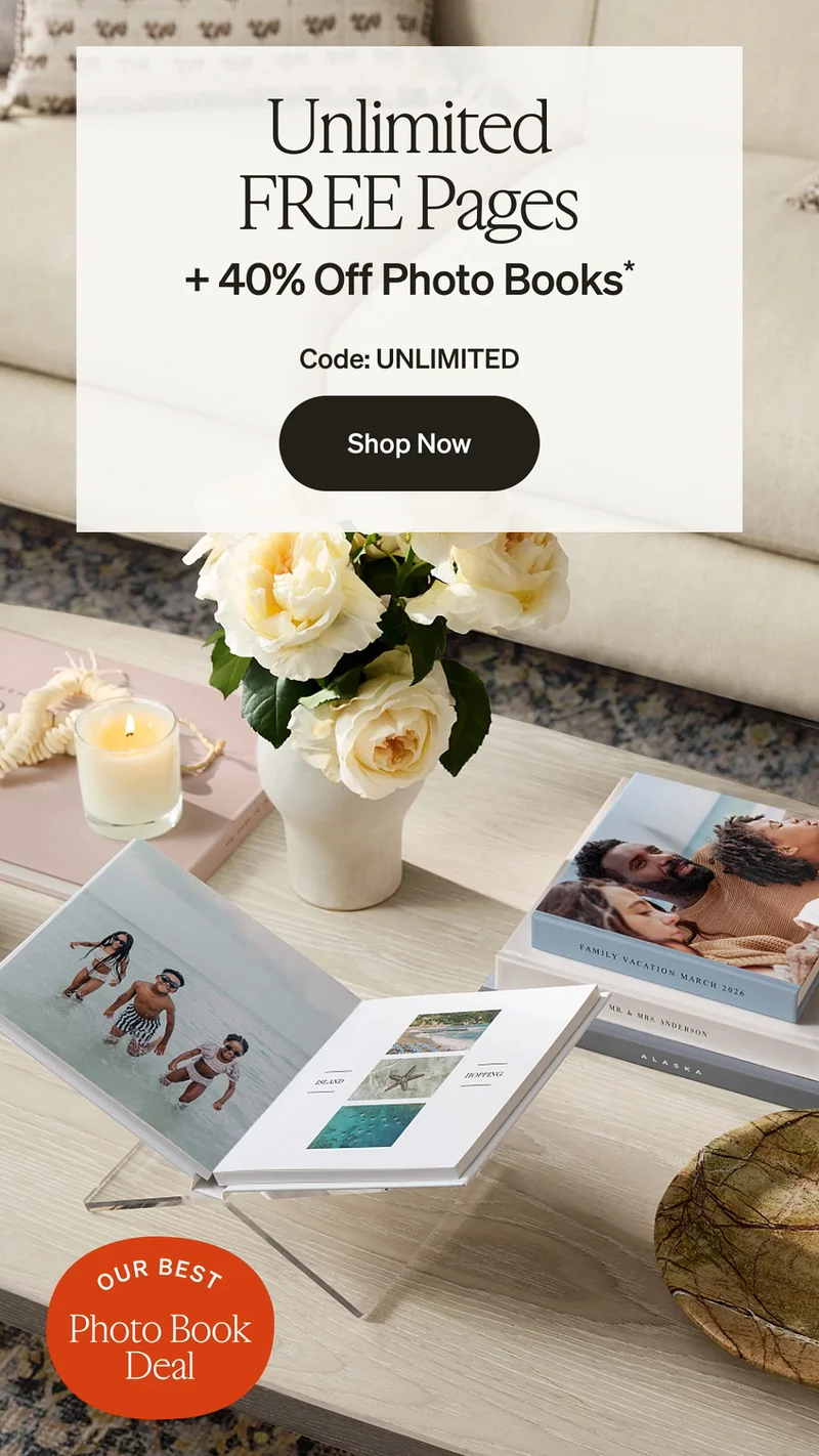 Unlimited Free Pages + 40% Off Photo Books