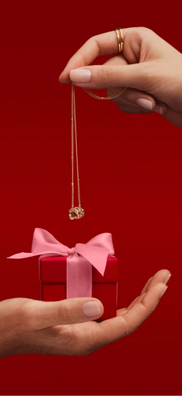 Two hands holding a Pandora gift box and a necklace with a snake charm Two hands holding a Pandora gift box and a necklace with a snake charm