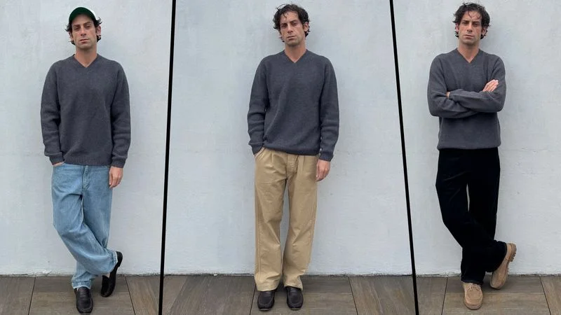 GQ contributor Reed Nelson wearing a $50 Uniqlo V-neck sweater.