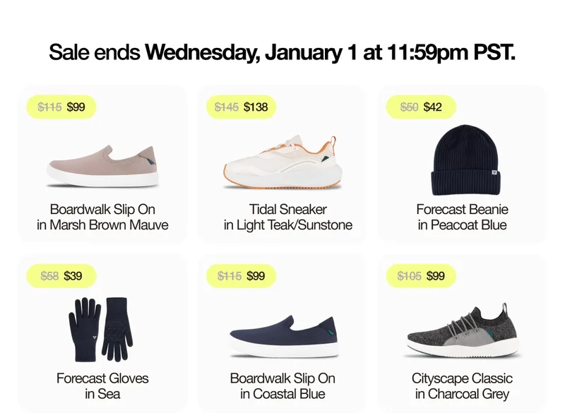 Sale ends Wednesday, January 1 at 11:59pm PST. Product grid of on-sale styles.