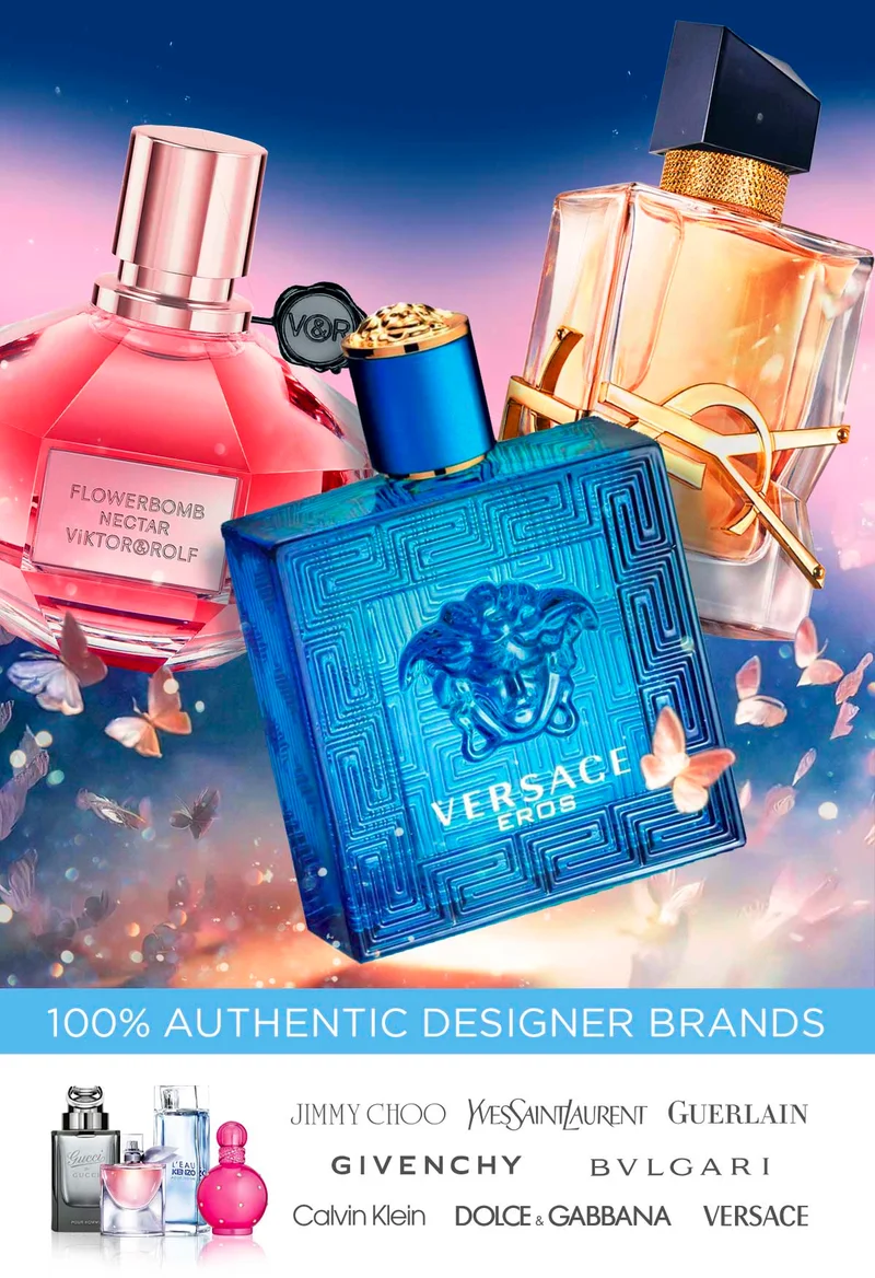Perfume and cologne bottles float surrounded by butterflies to advertise spring savings