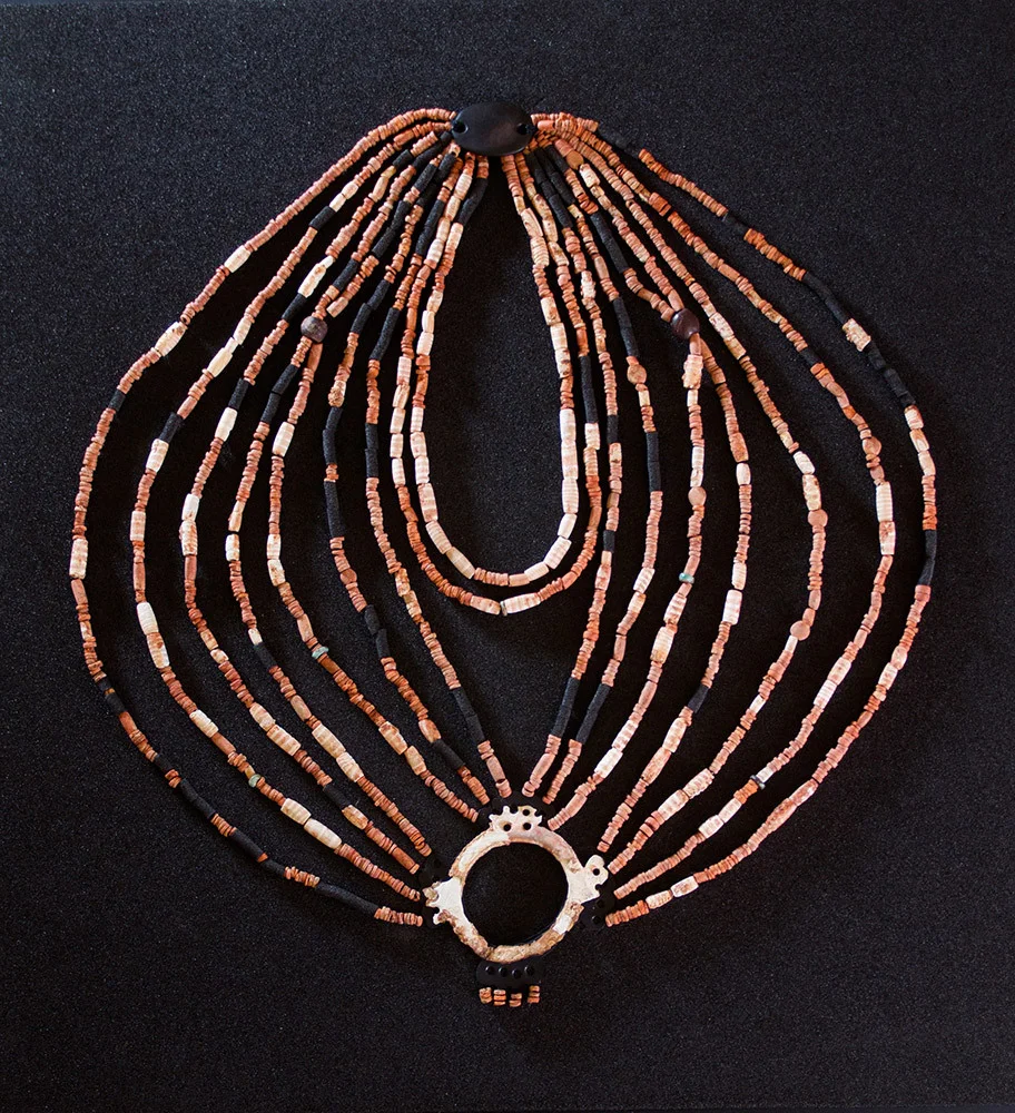 Final physical reconstruction of 9,000 year old necklace at the new museum of Petra in Jordan made of amber, turquoise, sea shells, and other materials