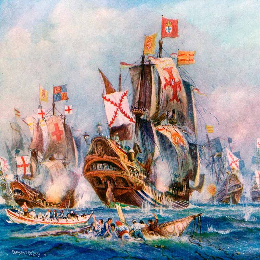 A painting of The Glorious Victory of Elizabeth's seamen over the Spanish Armada with two, large, 16th century ships