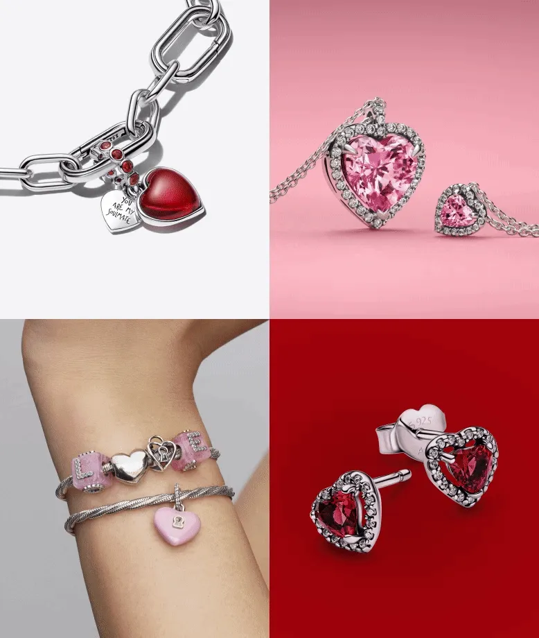 Grid of red and pink Pandora jewelry