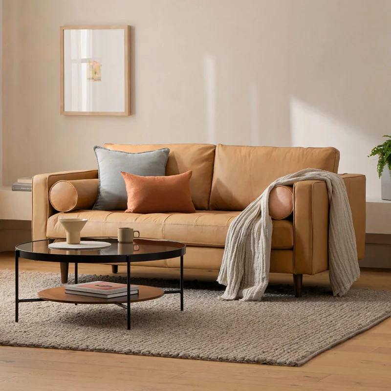 Sven tufted leather sofa in Charme Tan.