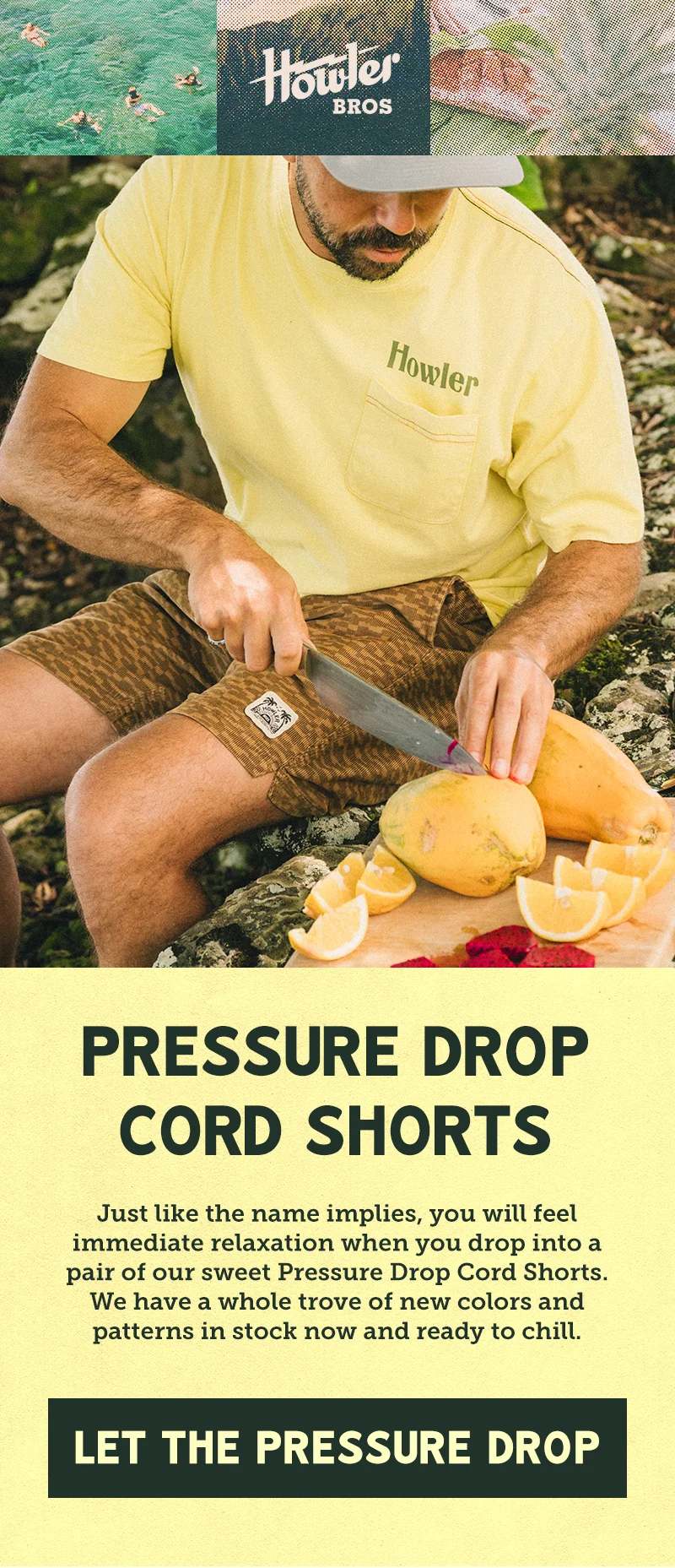 Just like the name implies, you will feel immediate relaxation when you drop into a pair of our sweet Pressure Drop Cord Shorts. We have a whole trove of new colors and patterns in stock now and ready to chill.