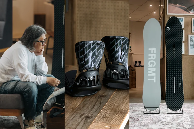 33:33 split image with Fragment founder, Hiroshi Fujiwara, sitting down with the Burton x Fragment collection on the left, the Burton x Fragment bindings in the middle and the Burton x Fragment snowboard on the right.