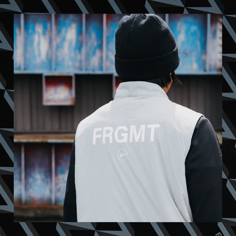 Gif showcasing the Burton x Fragment collaboration product featuring the jacket, pants, gilet, helmet and goggles.